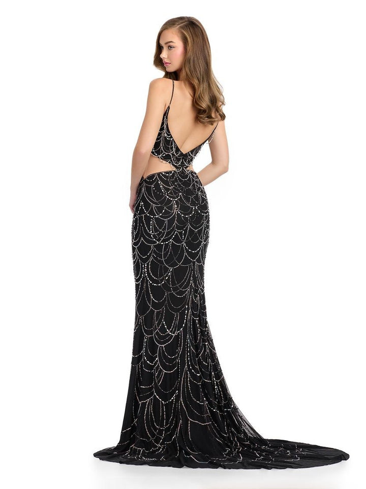 Spaghetti Strap Gown with Cut Outs & Beaded Accents
