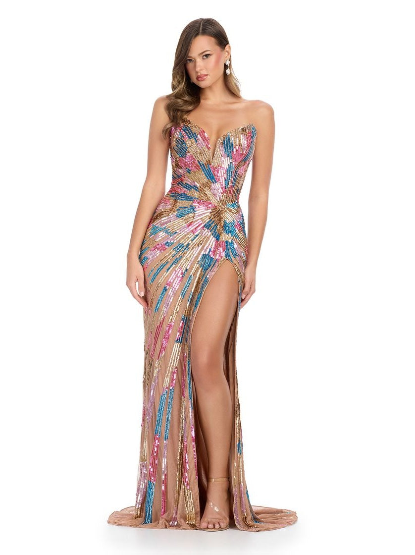 Strapless Fully Beaded Gown with V-Neckline