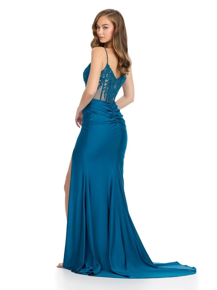 Jersey Gown with Corset Bustier & Floral Applique