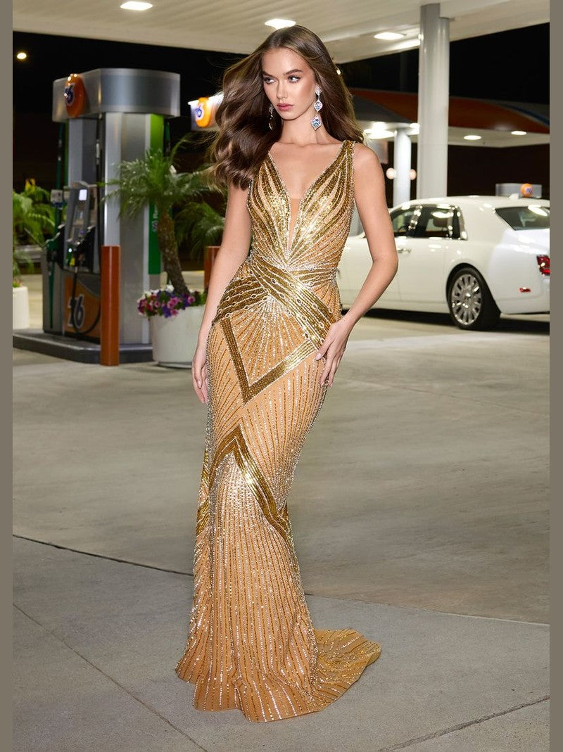 Fully Beaded V-Neckline Gown