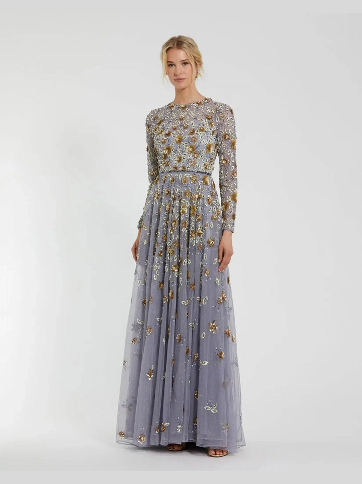 Embellished High Neck Long Sleeve A Line Gown