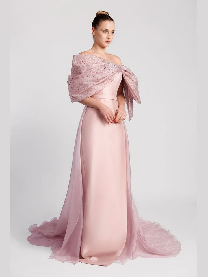 Asymmetric Column Dress with Crystal-Embroidered Bow