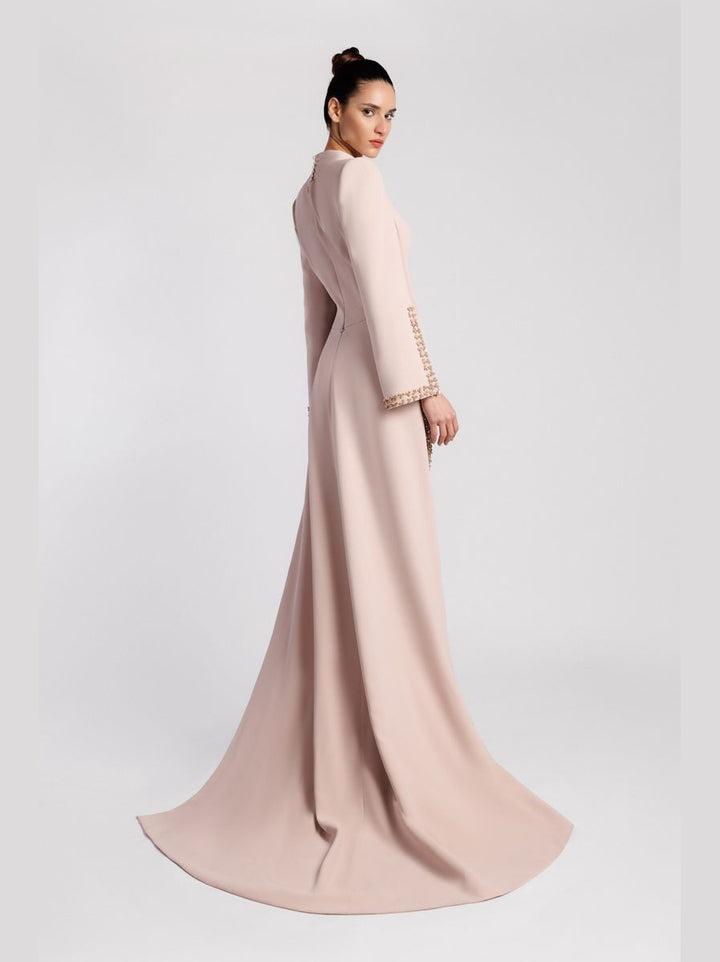 Embroidered Skirt Evening Dress with Cape Sleeves