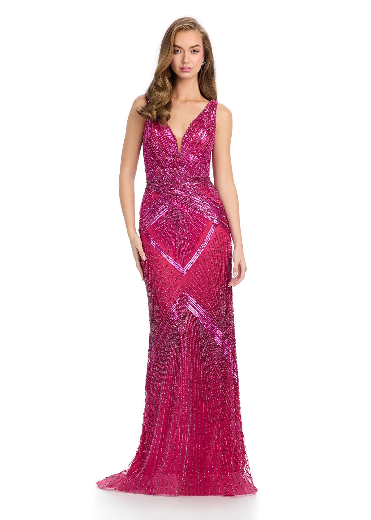 V-Neckline Fully Beaded Gown with Train