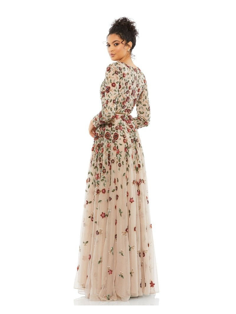 Embellished High Neck Long Sleeve A Line Gown