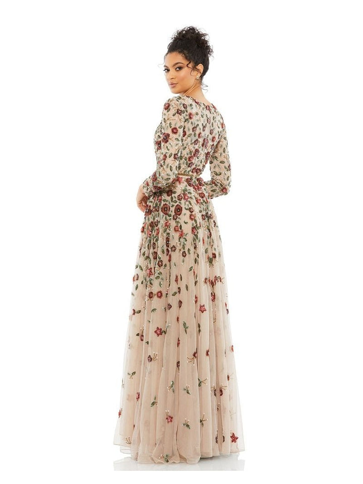 Embellished High Neck Long Sleeve A Line Gown