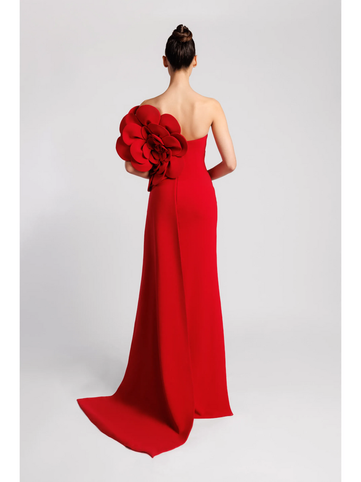 One-Shoulder Evening Dress with Oversized Floral Detail