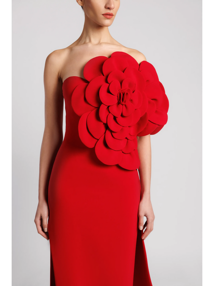 One-Shoulder Evening Dress with Oversized Floral Detail
