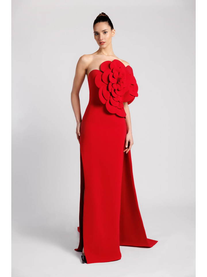 One-Shoulder Evening Dress with Oversized Floral Detail