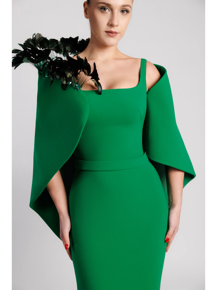 Feathered Cape Mermaid Evening Dress