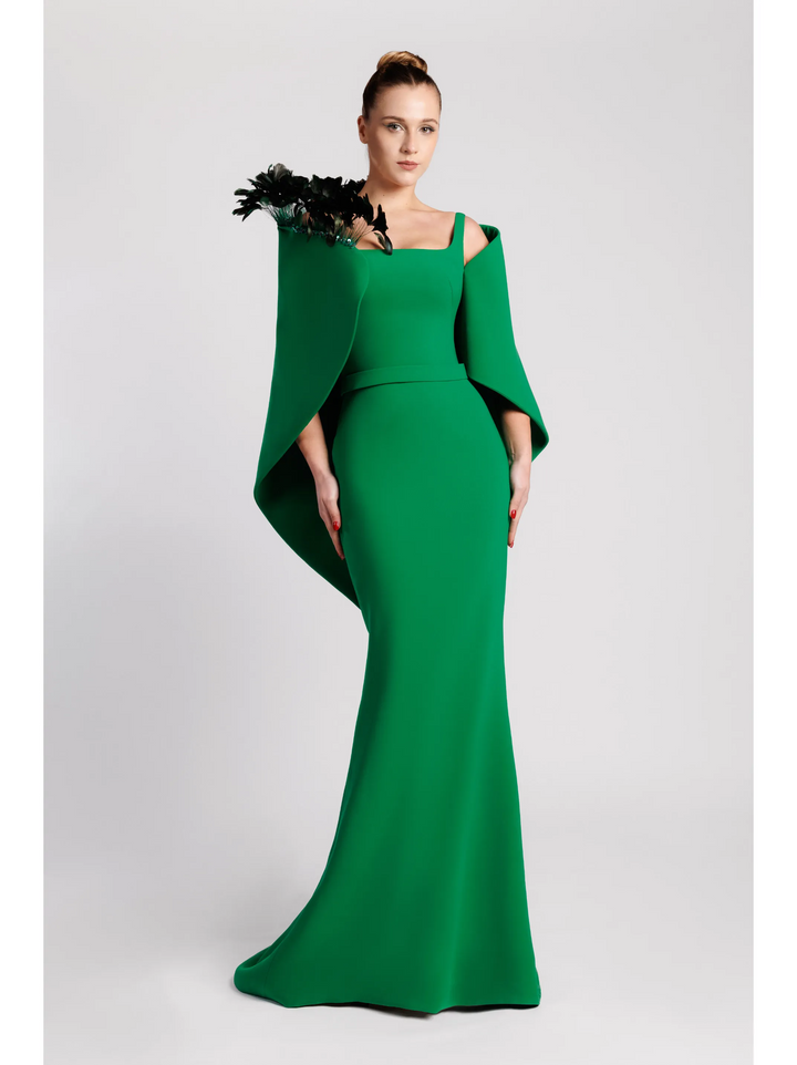 Feathered Cape Mermaid Evening Dress