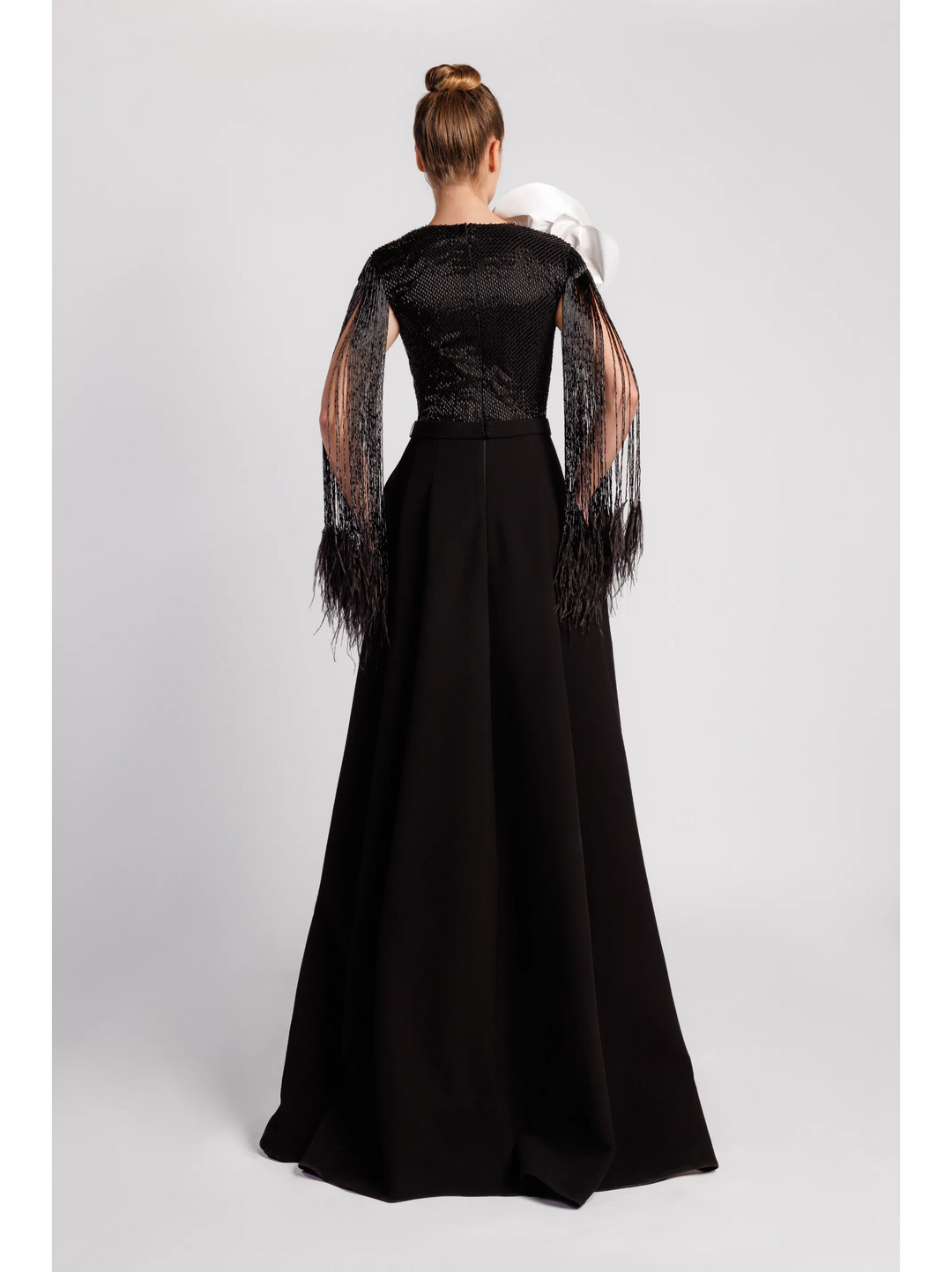 Deep V neckline Embellished Bodice Gown with Ivory Flower Detail and Frine