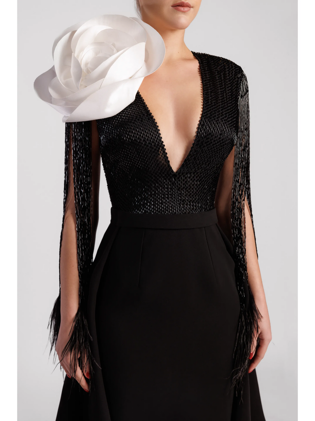Deep V neckline Embellished Bodice Gown with Ivory Flower Detail and Frine