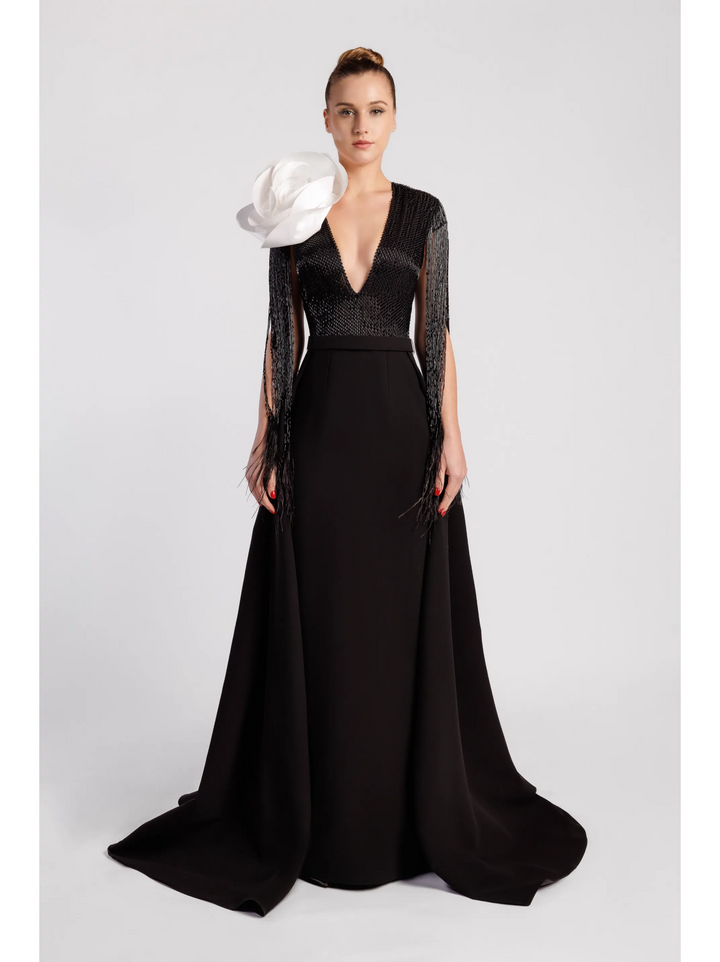 Deep V neckline Embellished Bodice Gown with Ivory Flower Detail and Frine