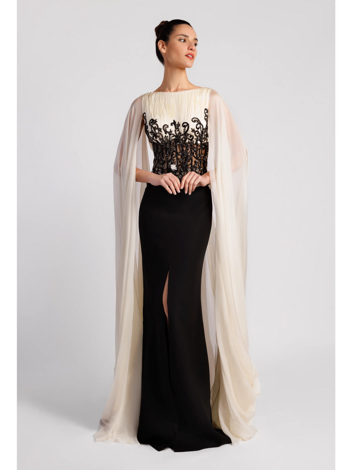 Cape Evening Dress with Contrast Bodice