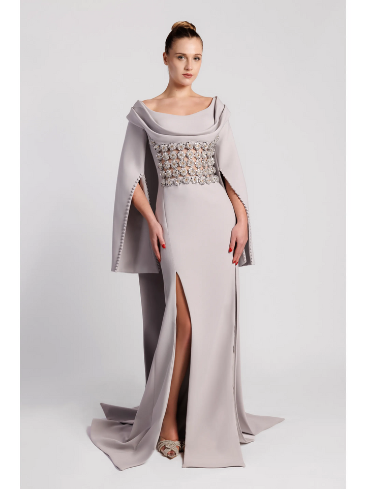Off-the-Shoulder Evening Dress with Draped Bust and Embroidered Waist