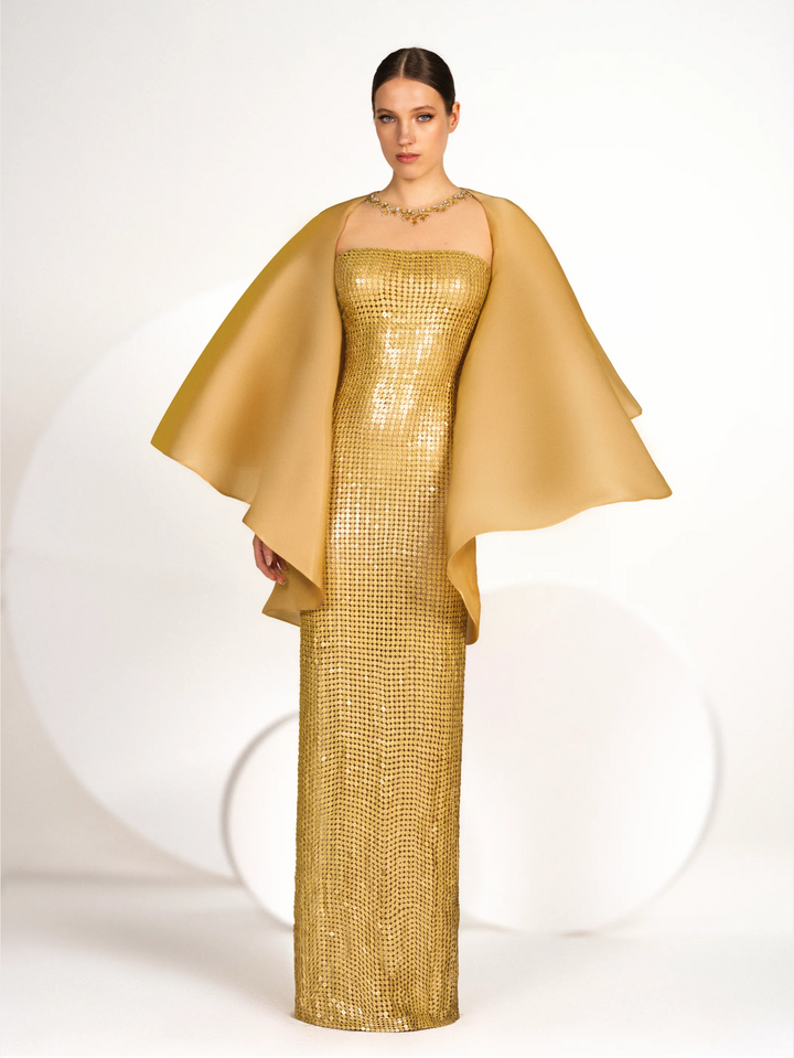 Column Dress with Illusion Neckline