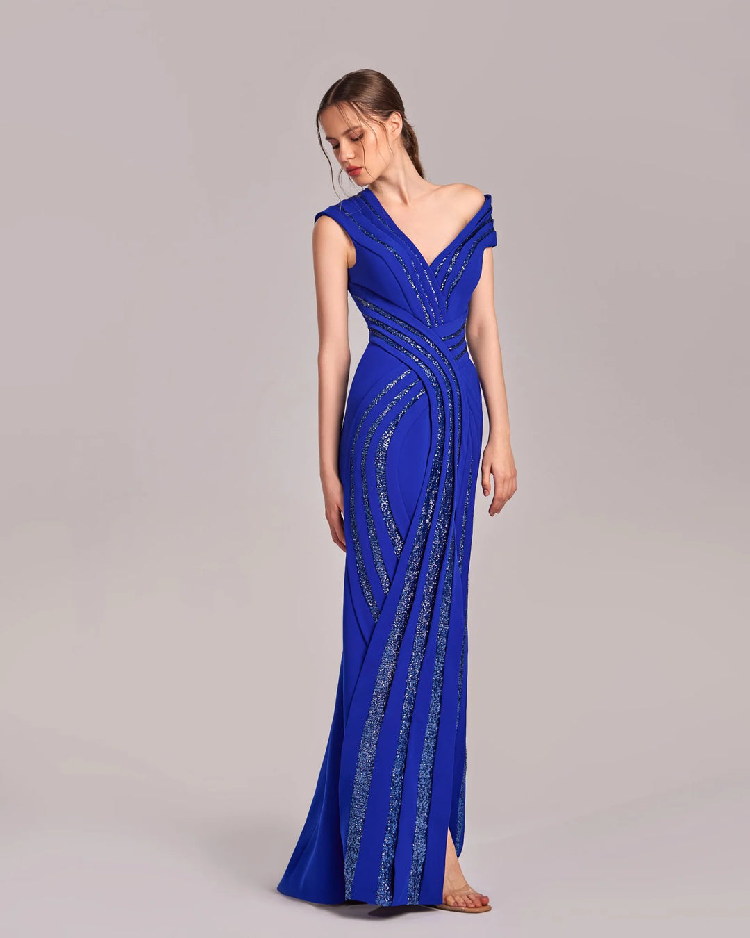 Royal Blue Asymmetrical Sparkling Evening Gown