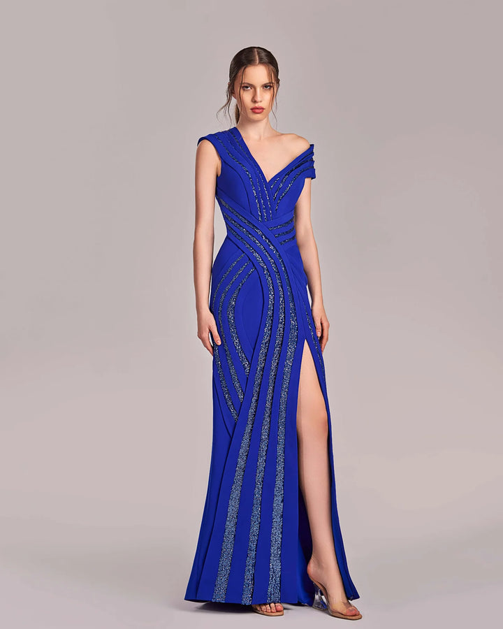 Royal Blue Asymmetrical Sparkling Evening Gown