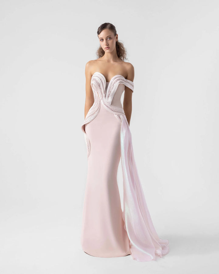 Plunging V Off-Shoulder Blush Gown with Holographic Draping