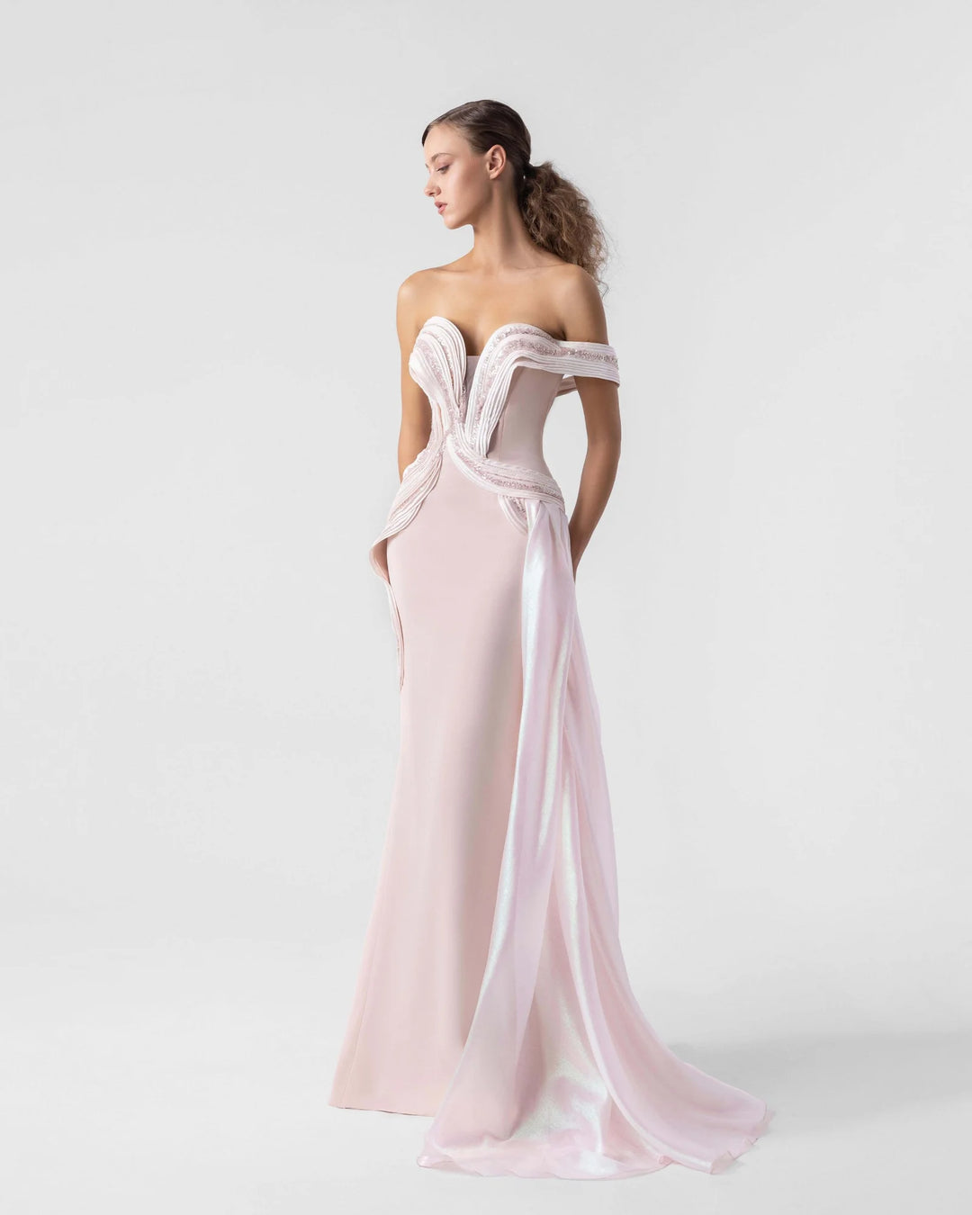 Plunging V Off-Shoulder Blush Gown with Holographic Draping