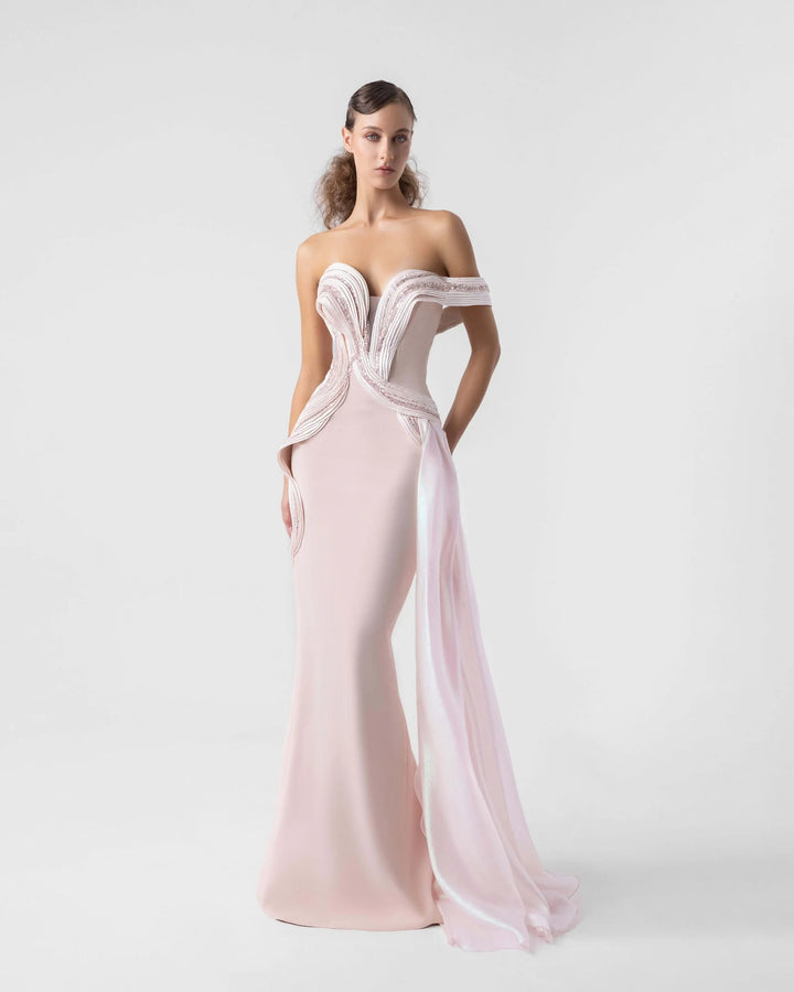 Plunging V Off-Shoulder Blush Gown with Holographic Draping
