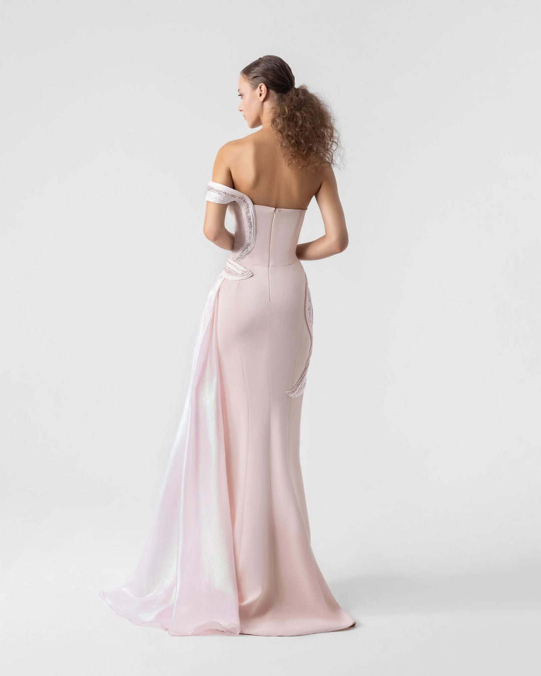 Plunging V Off-Shoulder Blush Gown with Holographic Draping