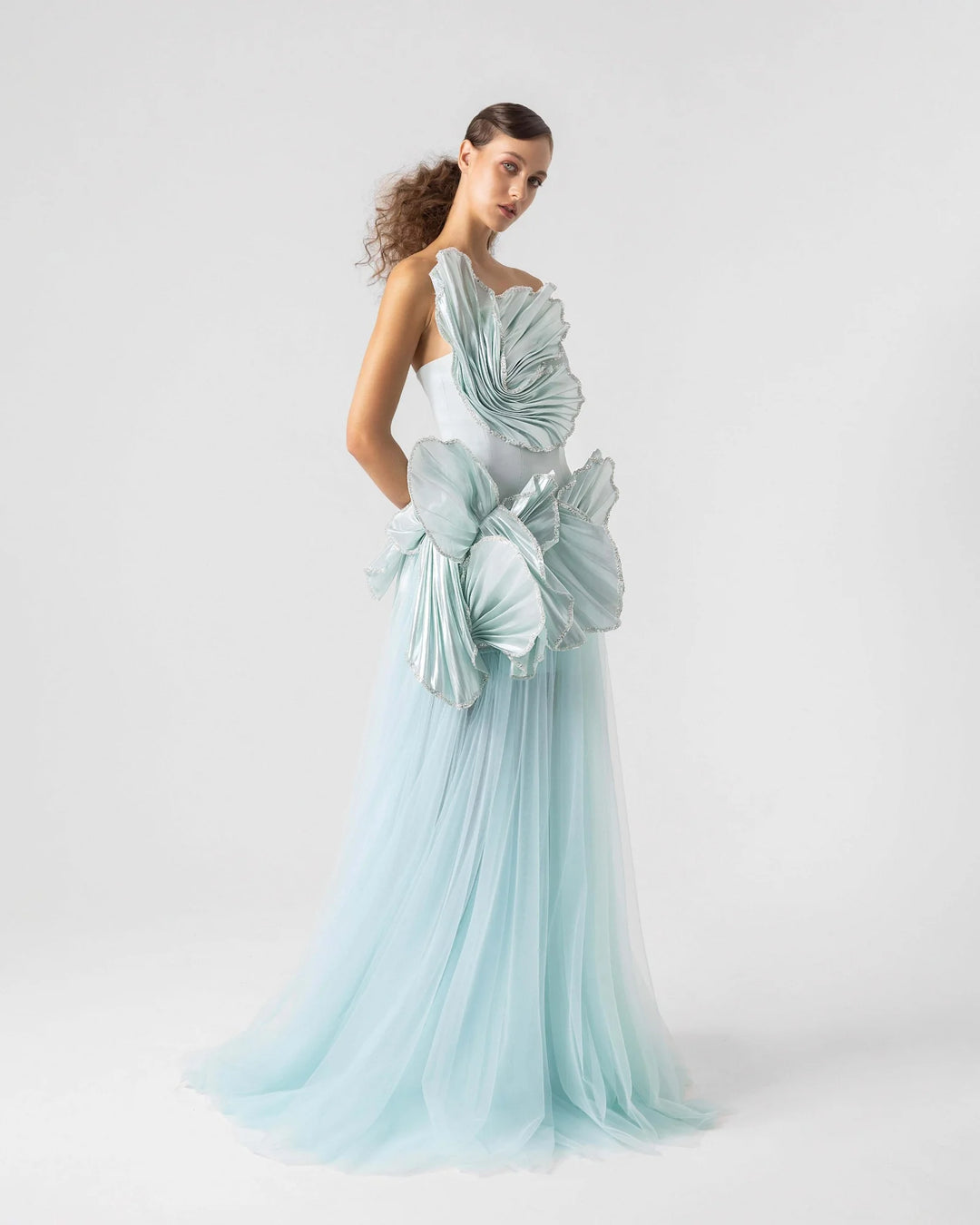 Whimsical Mint Metallic Petal Bodice with Flowing Tulle Skirt