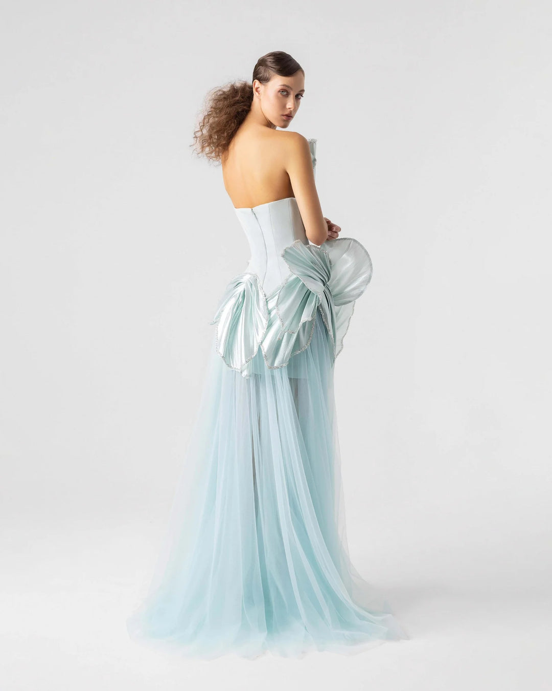 Whimsical Mint Metallic Petal Bodice with Flowing Tulle Skirt