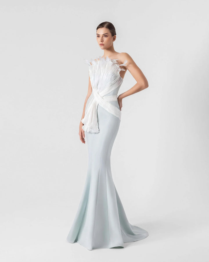 Ethereal Mint Blue Gown with Feathered Pleated Holographic Organza Accents