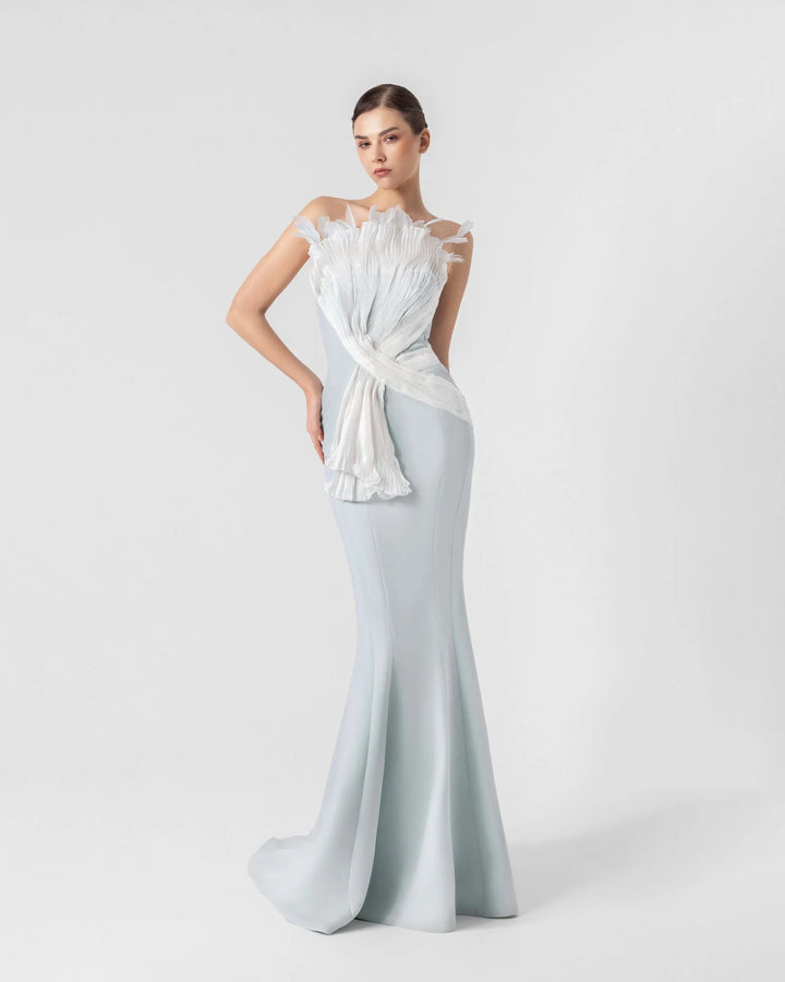 Ethereal Mint Blue Gown with Feathered Pleated Holographic Organza Accents