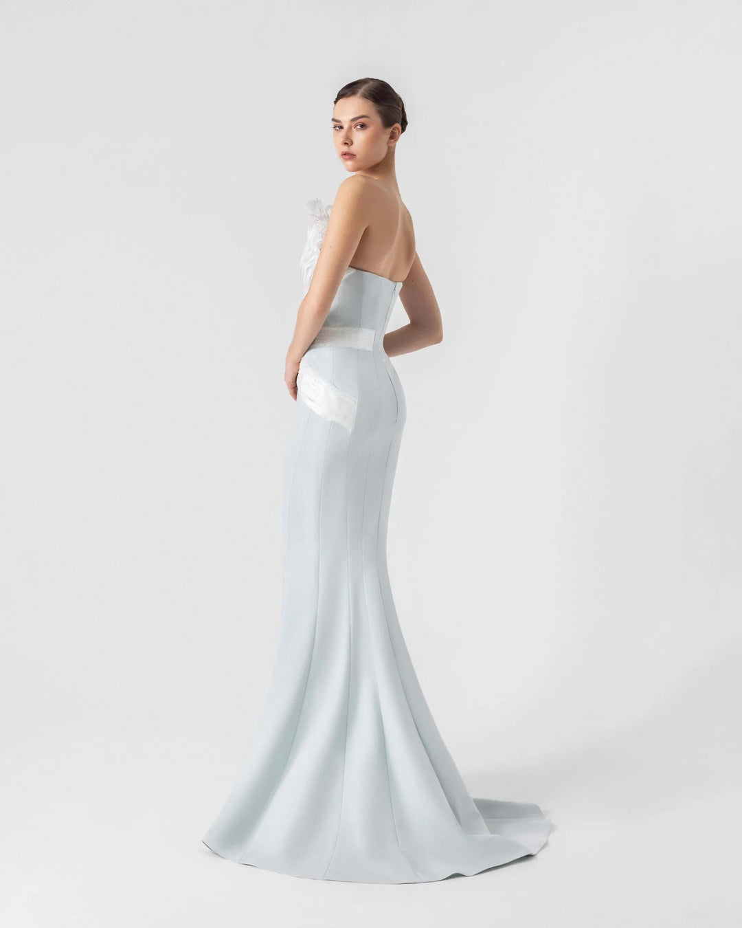 Ethereal Mint Blue Gown with Feathered Pleated Holographic Organza Accents