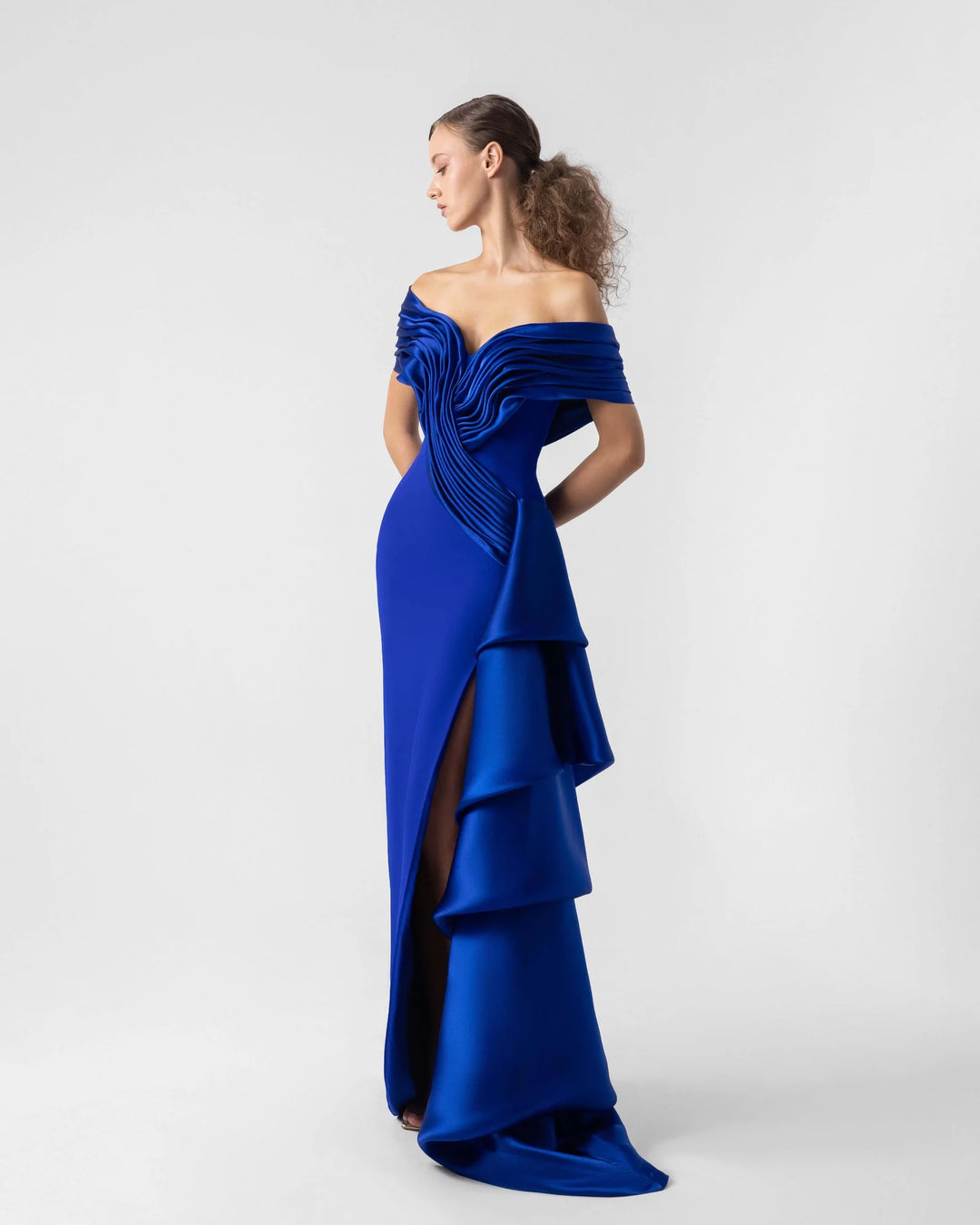 Elegant Cascading Draped Organza and Off-Shoulder Dress