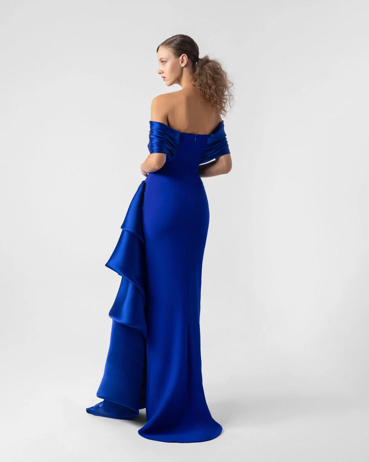 Elegant Cascading Draped Organza and Off-Shoulder Dress