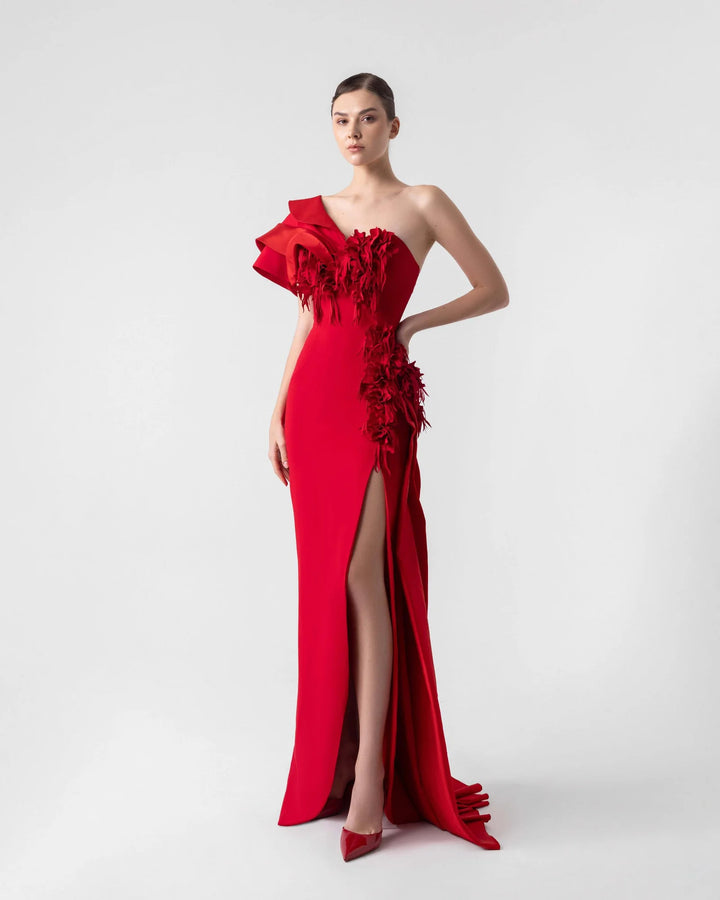 Romantic Red Gown with Laser-Cut 3D Appliqué