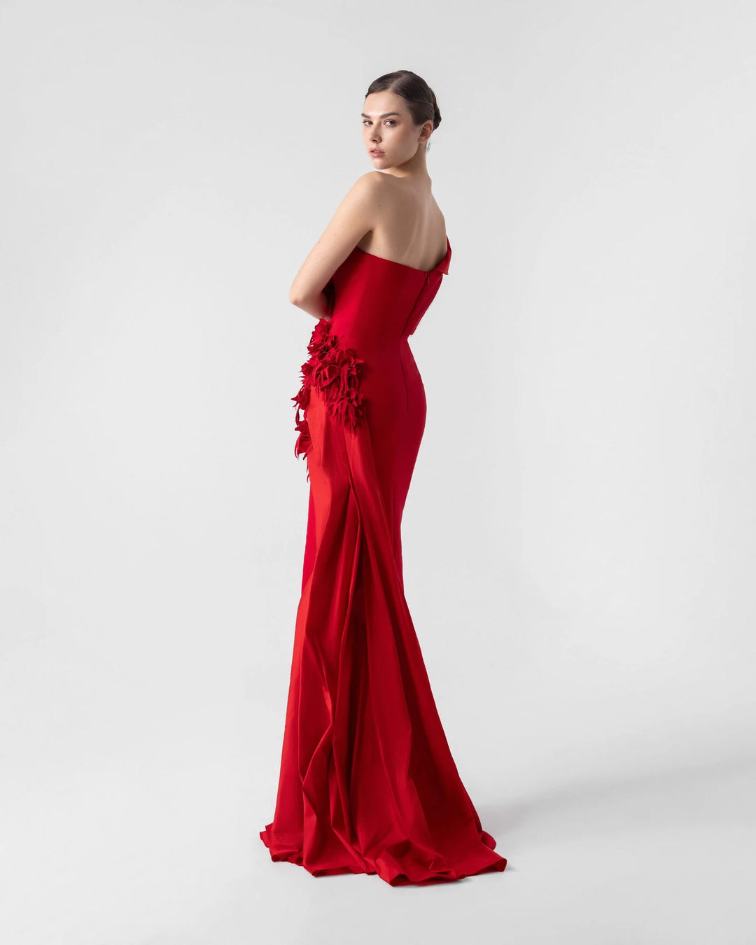 Romantic Red Gown with Laser-Cut 3D Appliqué