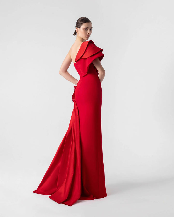 Romantic Red Gown with Laser-Cut 3D Appliqué