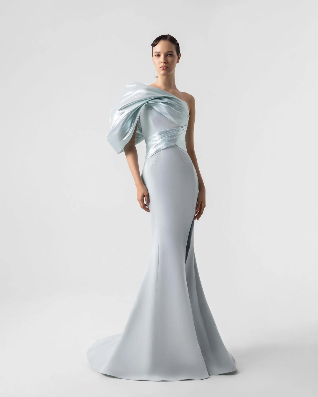 Sophisticated Metallic One Shoulder Mint Blue Mermaid Gown