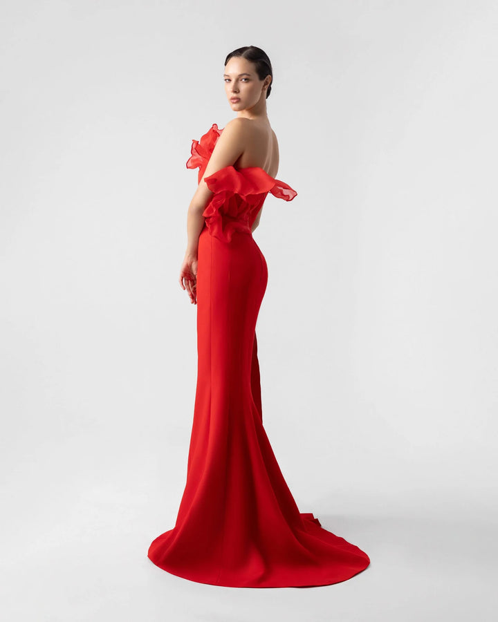 Exquisite Ruffled Plunging V Bodice Red Mermaid Gown