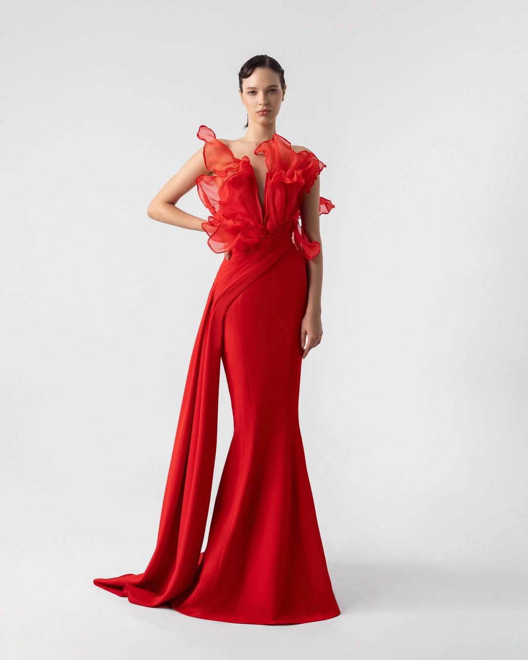 Exquisite Ruffled Plunging V Bodice Red Mermaid Gown