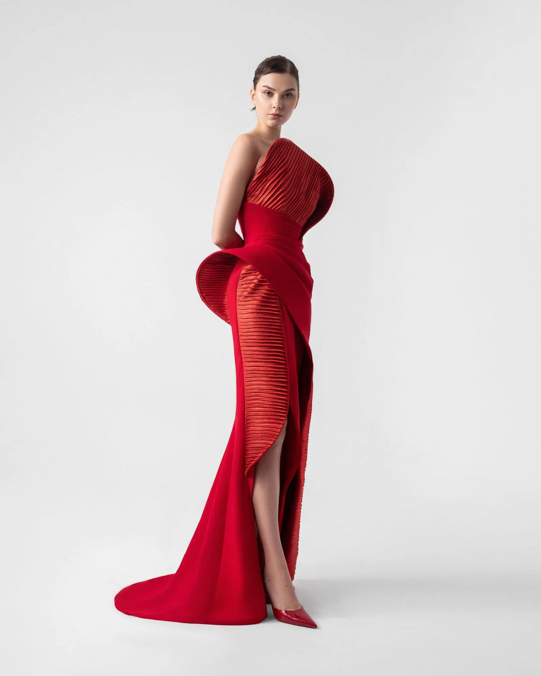 Sculptural 3D Ribbed Red Gown