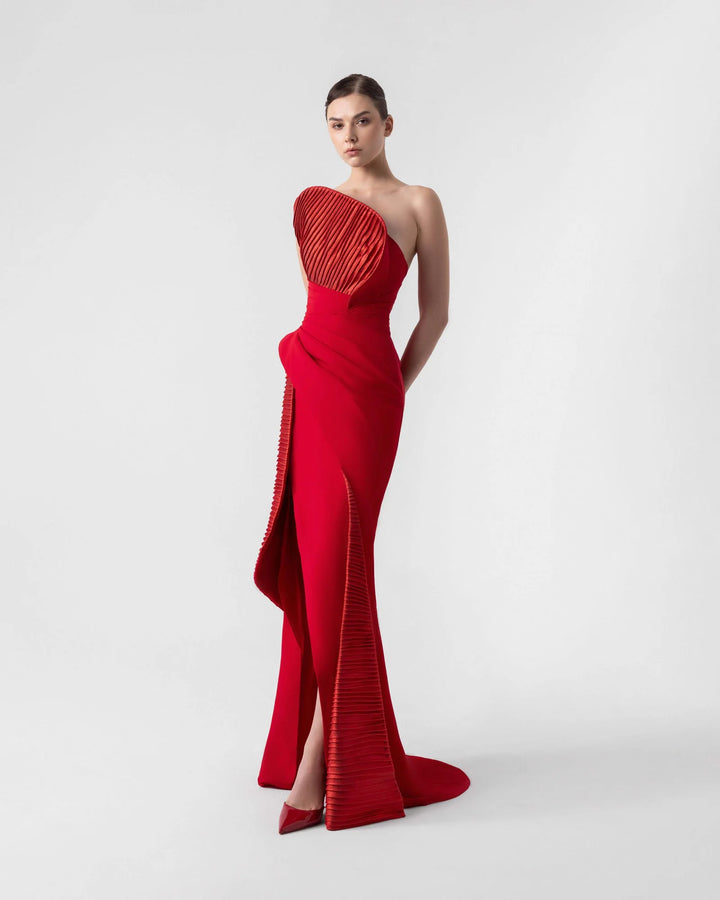 Sculptural 3D Ribbed Red Gown