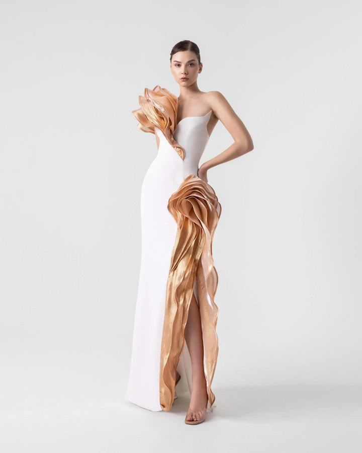 Bronze Cascade Angled Bust Gown