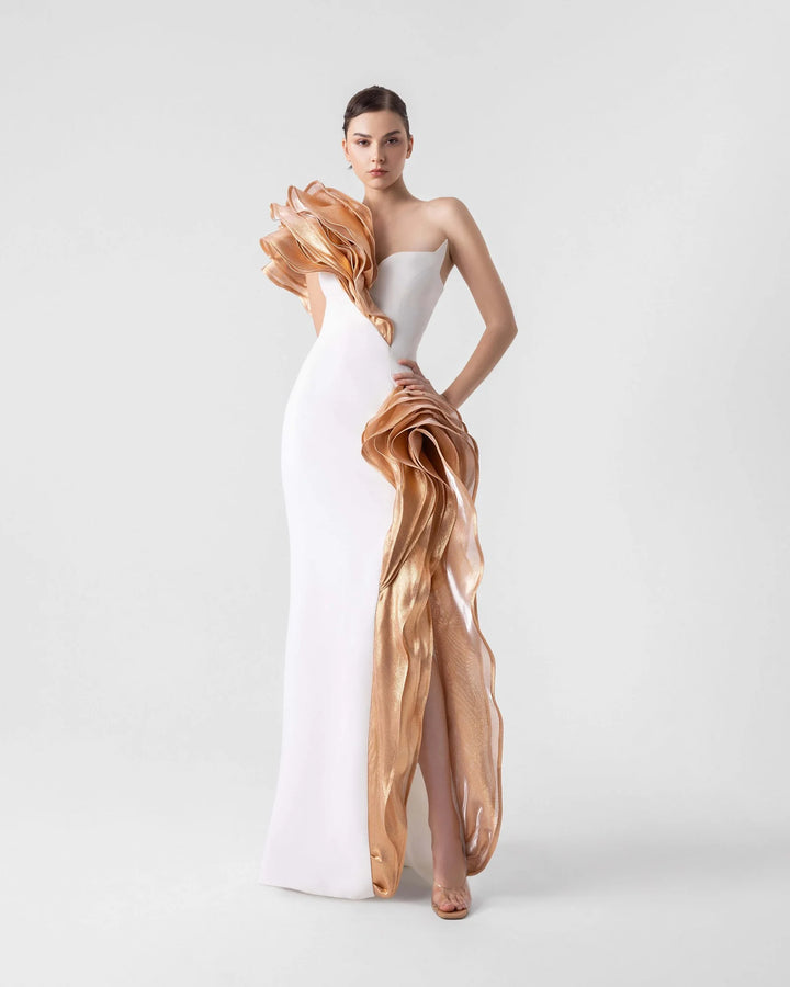 Bronze Cascade Angled Bust Gown