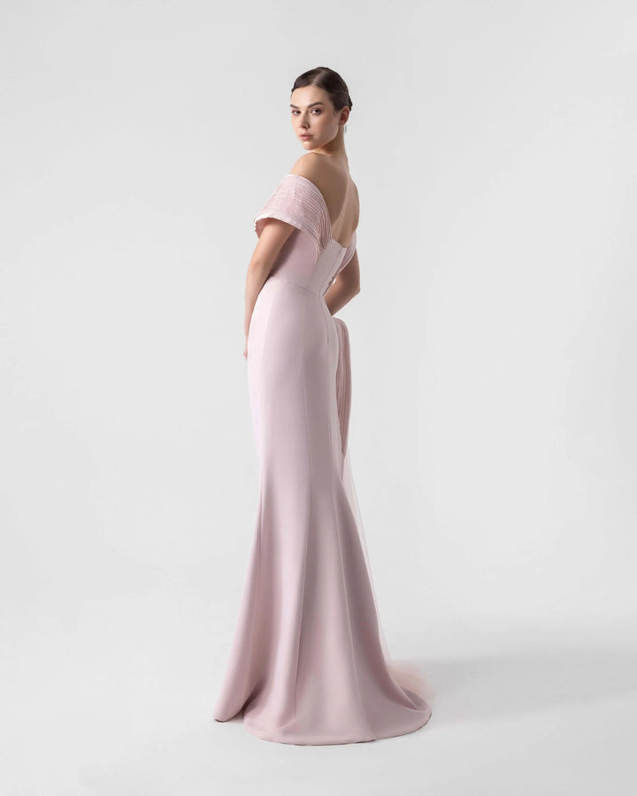 Elegant Asymmetrical Pleats Pink Gown