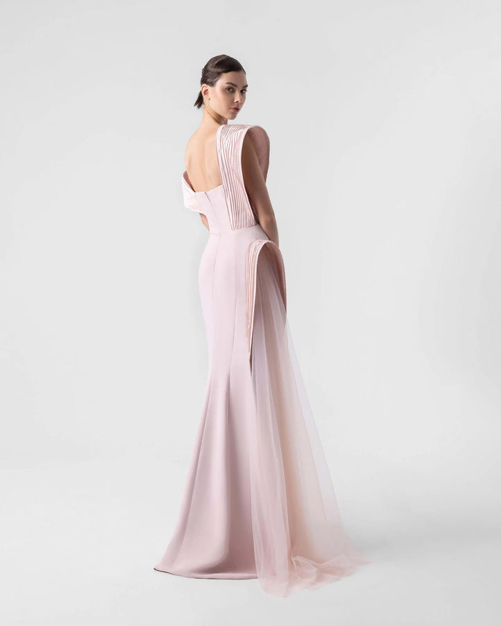 Elegant Asymmetrical Pleats Pink Gown