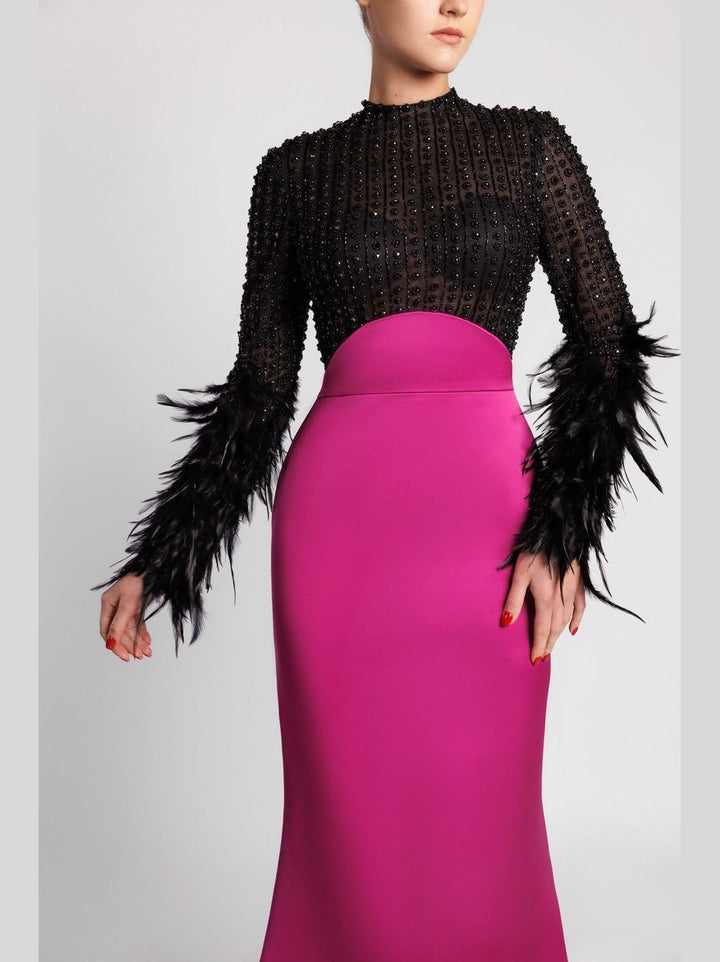 Jewel Neck Mermaid Evening Dress with Crystal and Feather Details