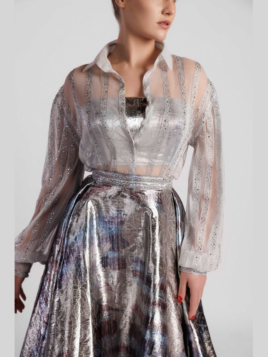 Strapless Crop Top with Embroidered and Colorful A-Line Skirt