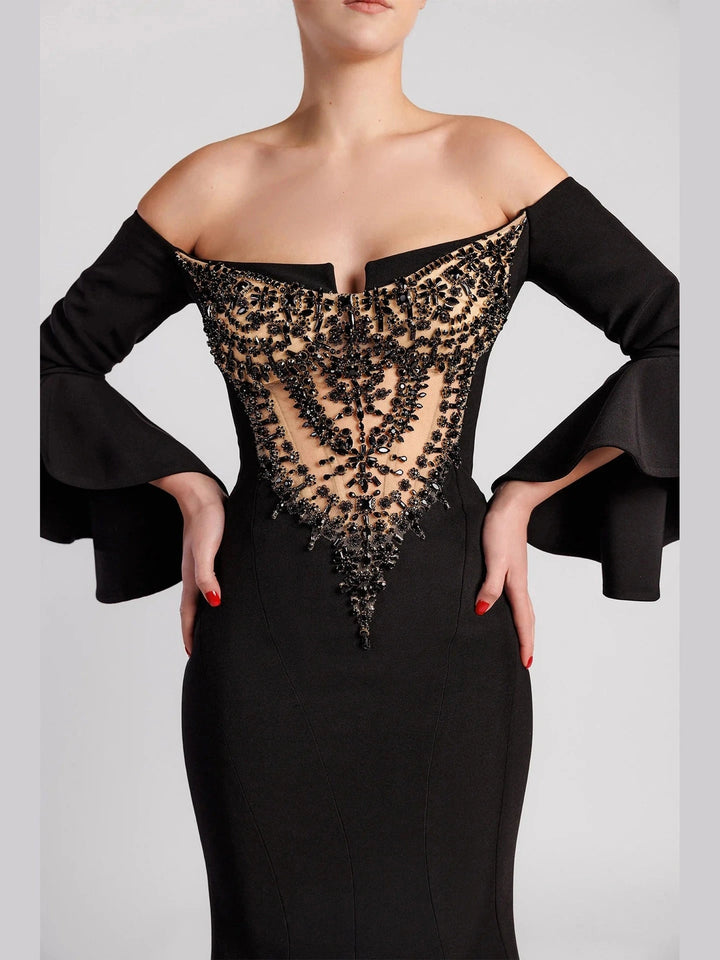 Off-the-Shoulder Mermaid Evening Dress with Flared Cuffs and Nude Embroidered Bust