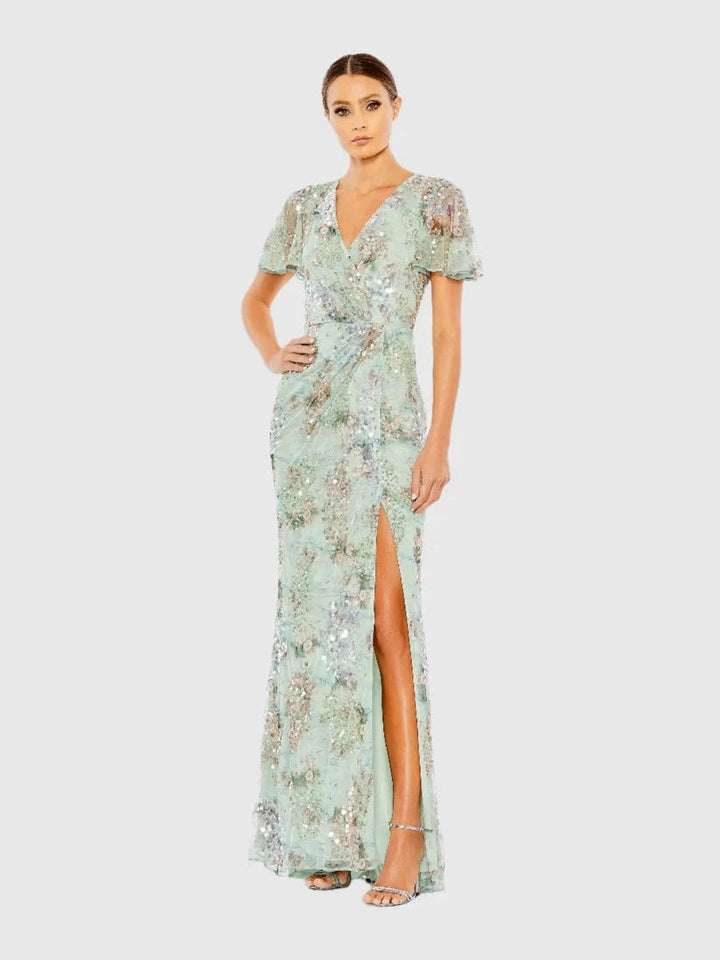 Embellished Butterfly Sleeve Faux Wrap Gown
